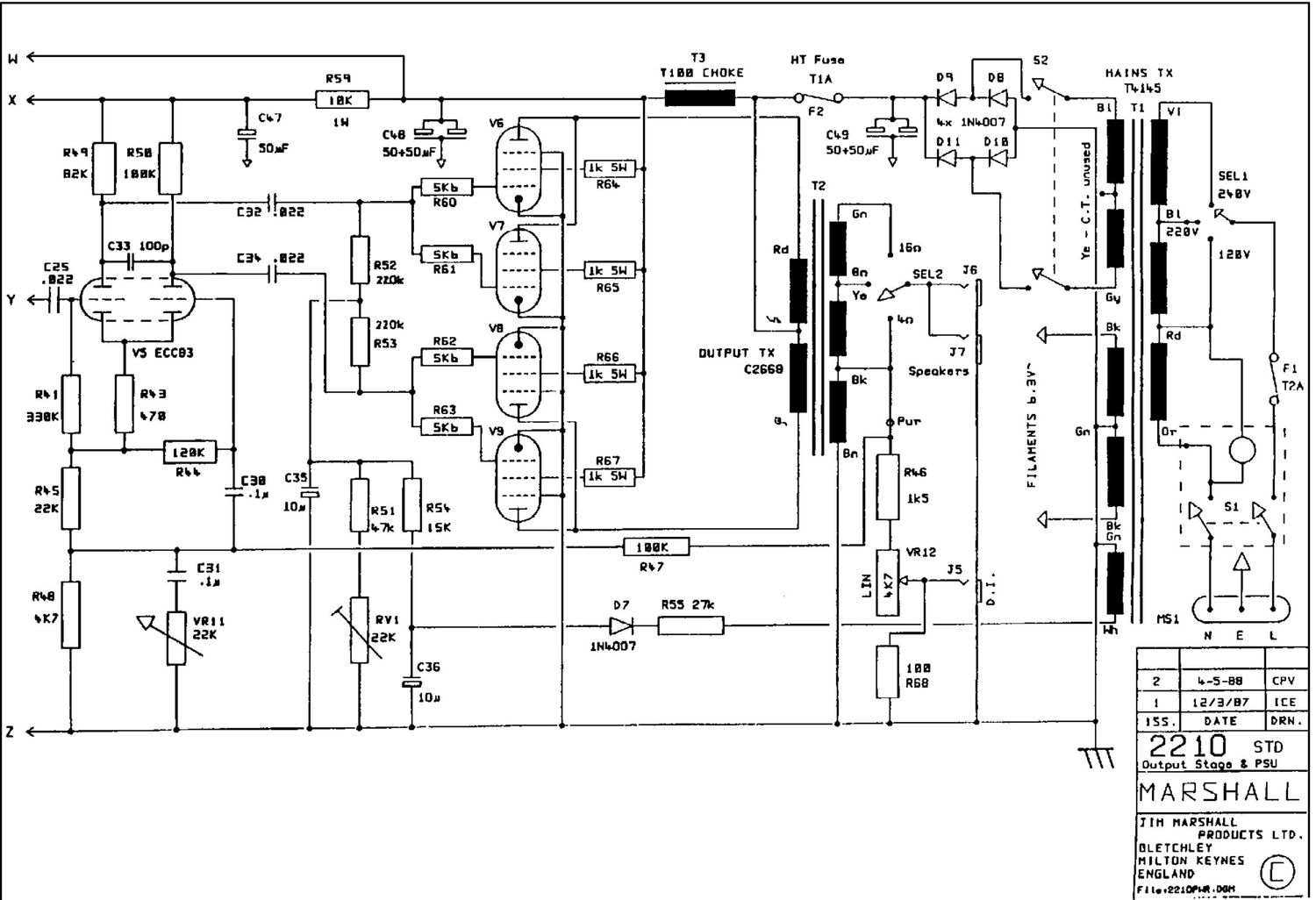 Marshall 2210 JCM800 Split Channel Reverb 100W head Schematic